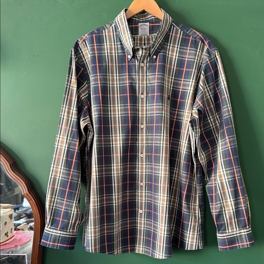 Brooks Brother Regent The Orignal Polo Shirt Mens XL Navy, Green & Orange Plaid